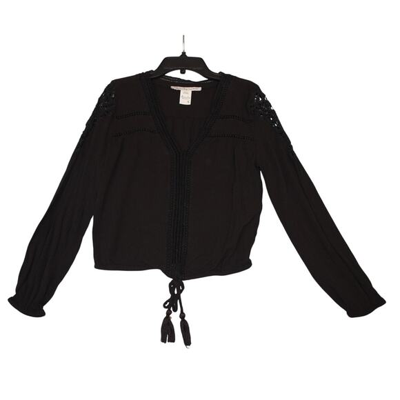 American Rag Womens Black Crochet Shoulder LS Drawstring Top Size Small - Picture 1 of 5